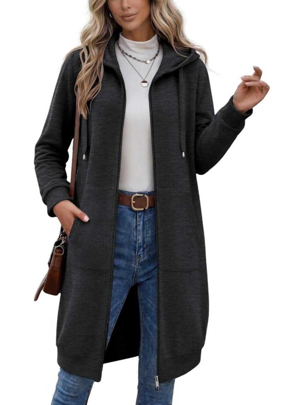 Women's Dark Grey Longline Fleece Hoodie Full Zip Oversized Duster Jackets